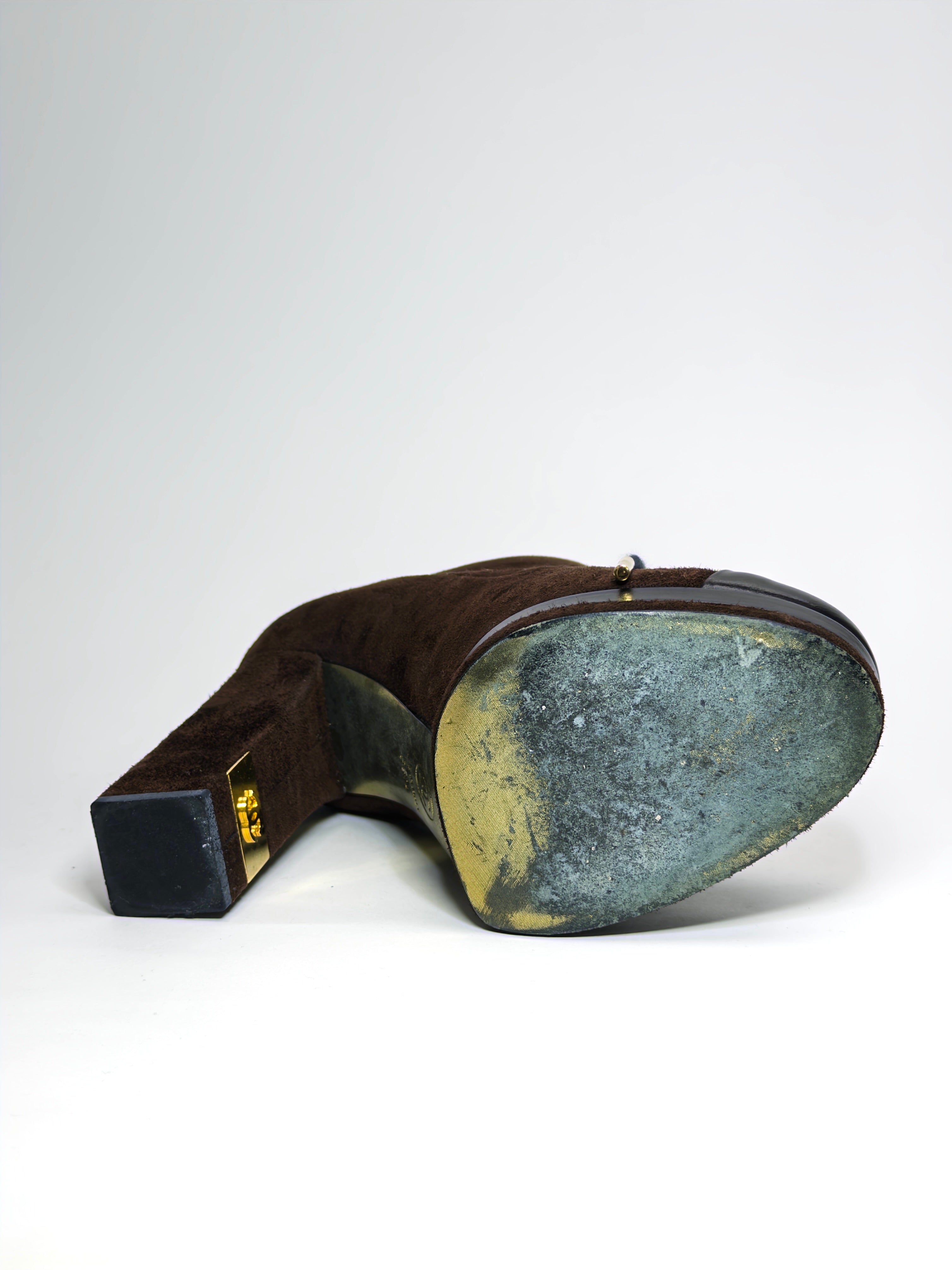 Chanel Brown Suede and Leather Cap Toe Platform Ankle Boots