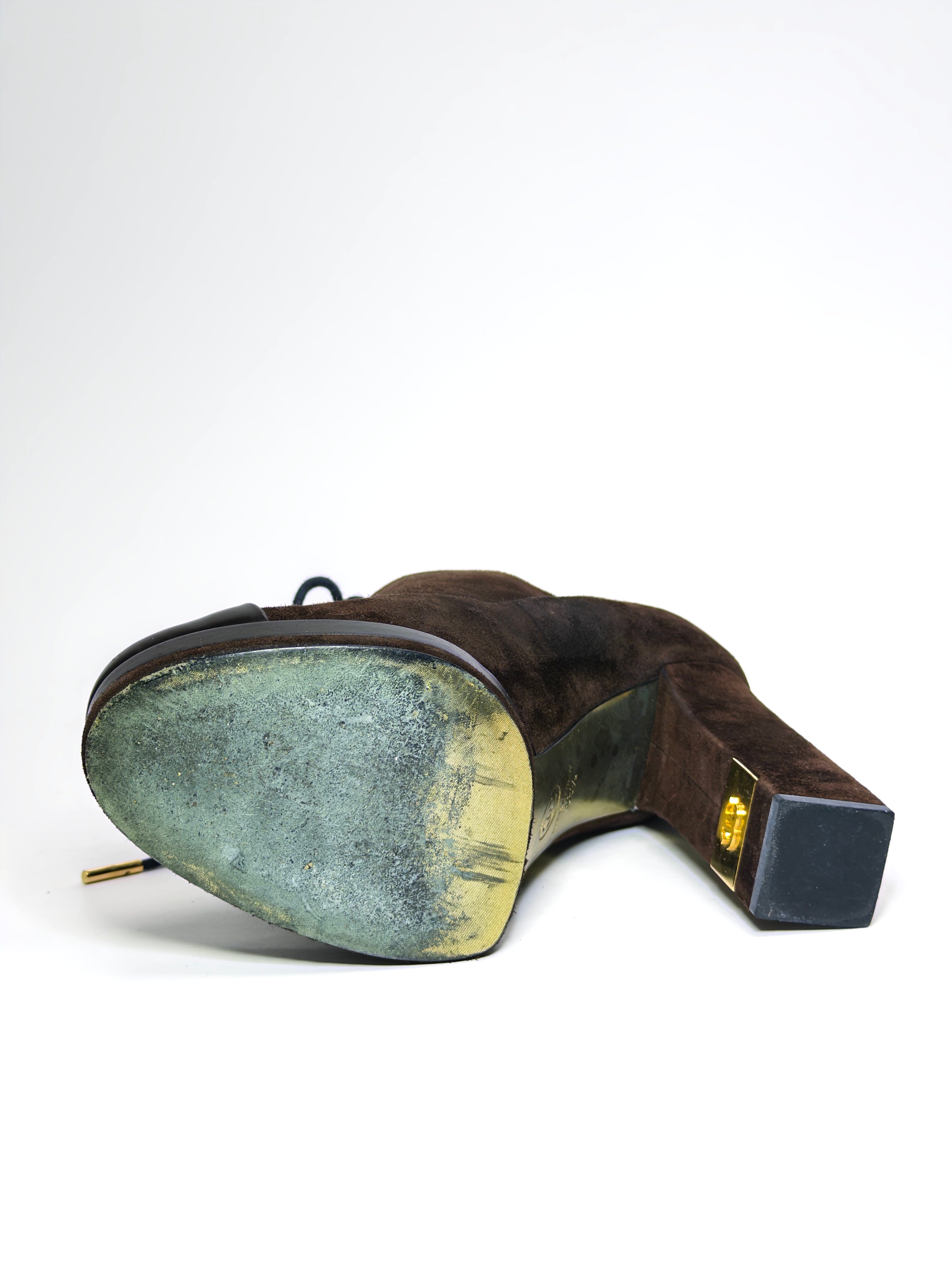 Chanel Brown Suede and Leather Cap Toe Platform Ankle Boots