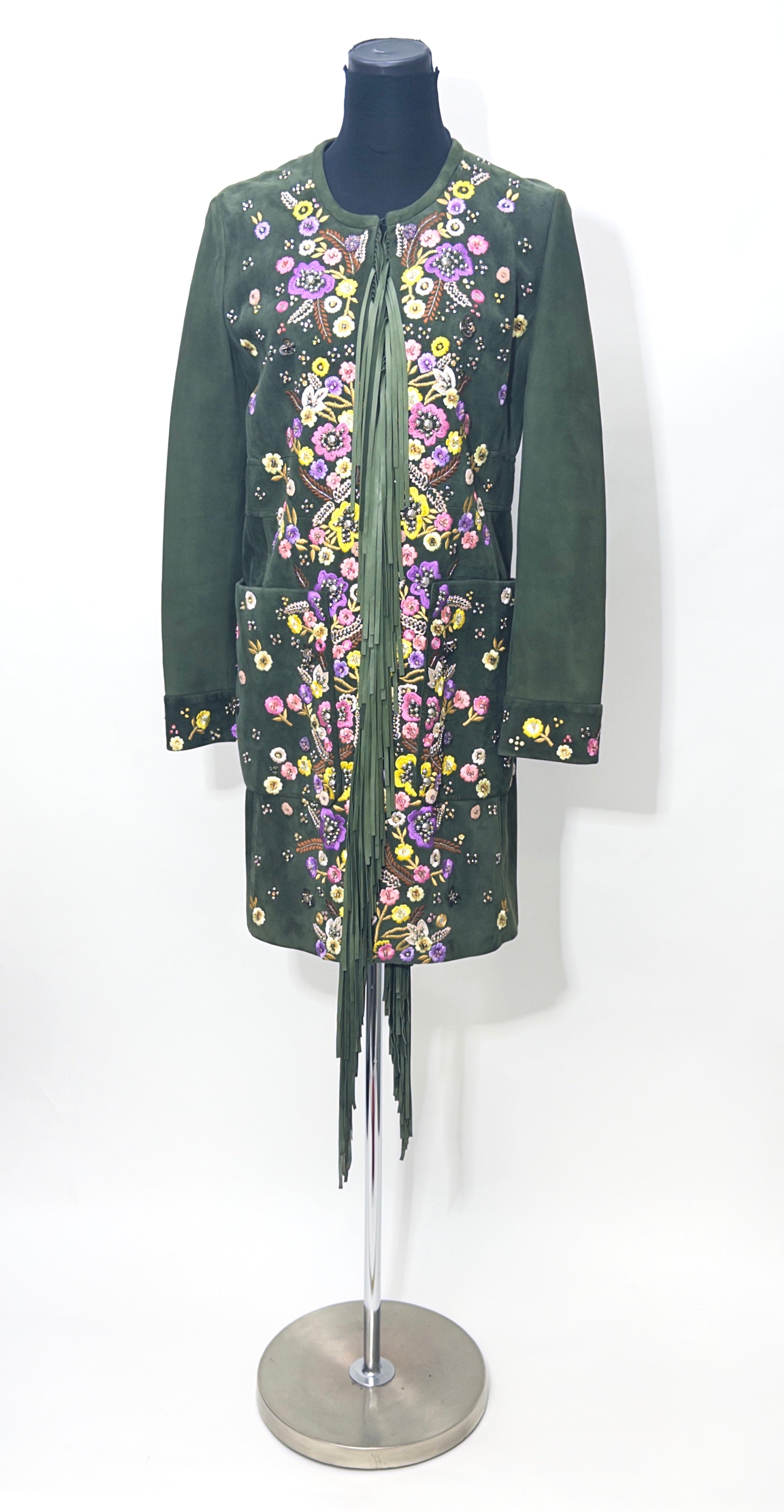 Emilio Pucci Green Flower Embroidered and Fringe Coat