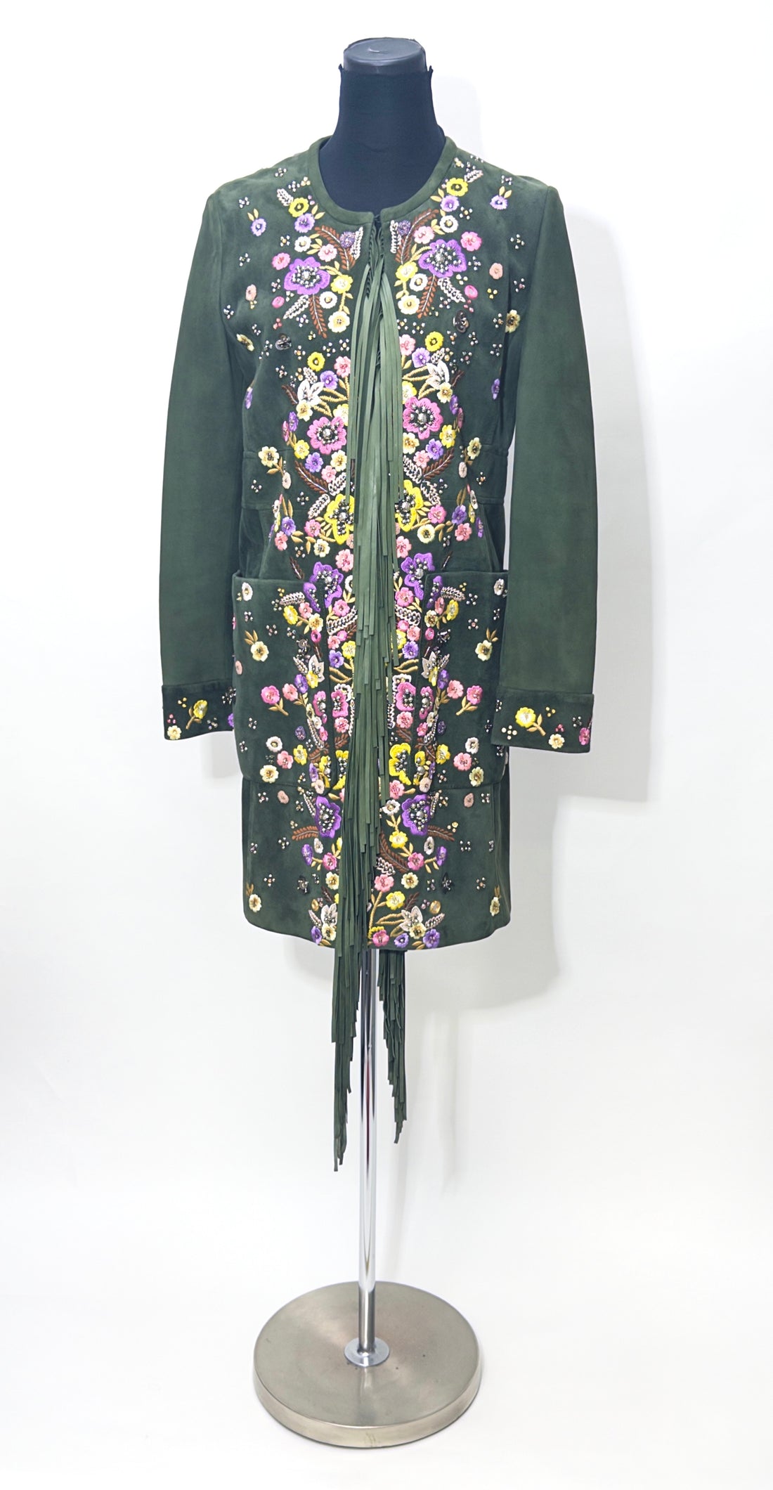 Emilio Pucci Green Flower Embroidered and Fringe Coat