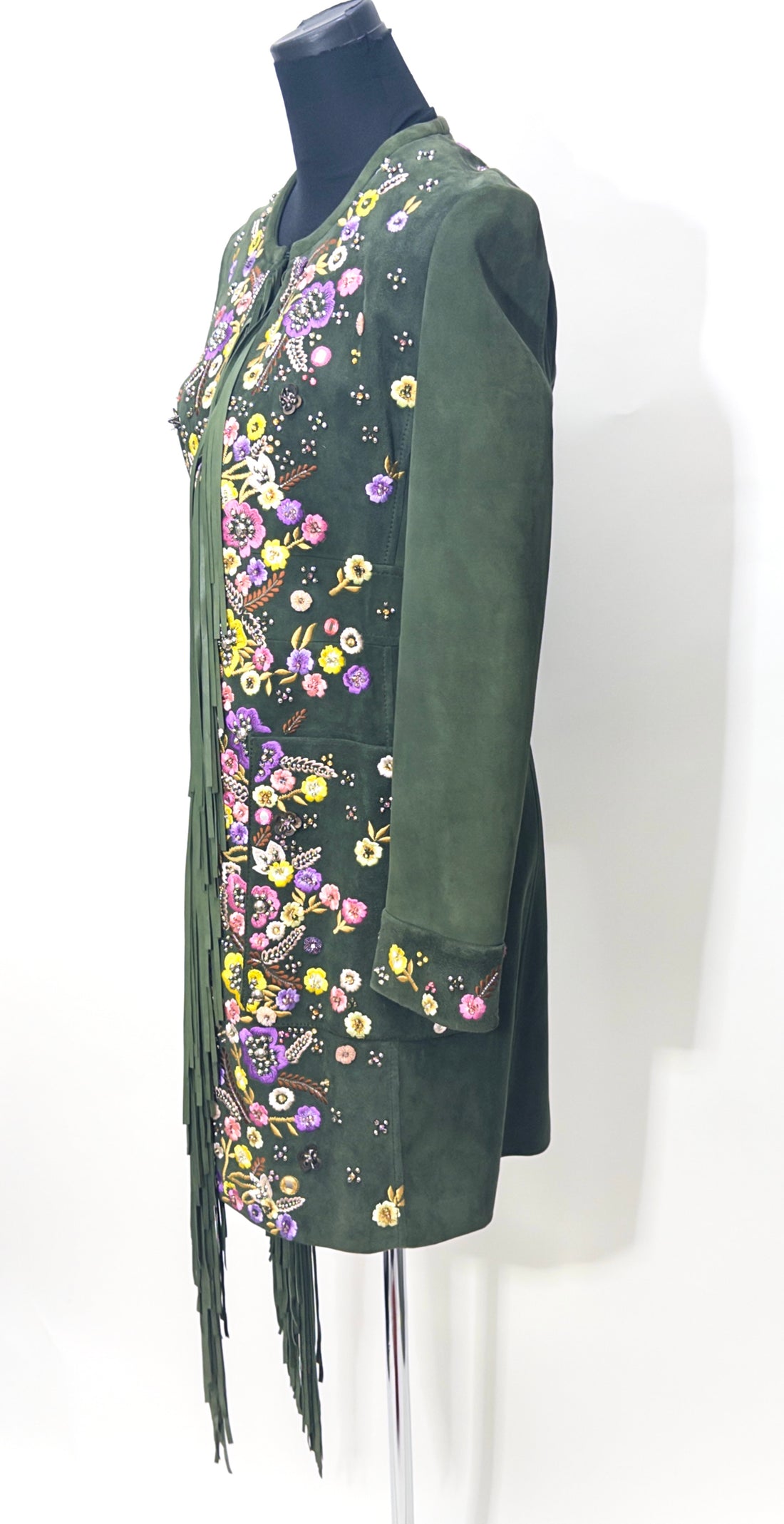 Emilio Pucci Green Flower Embroidered and Fringe Coat