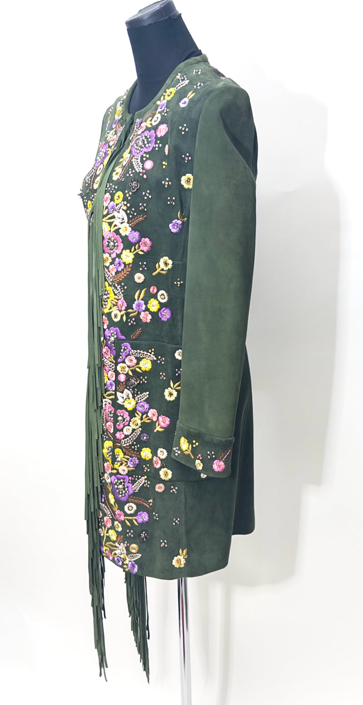Emilio Pucci Green Flower Embroidered and Fringe Coat