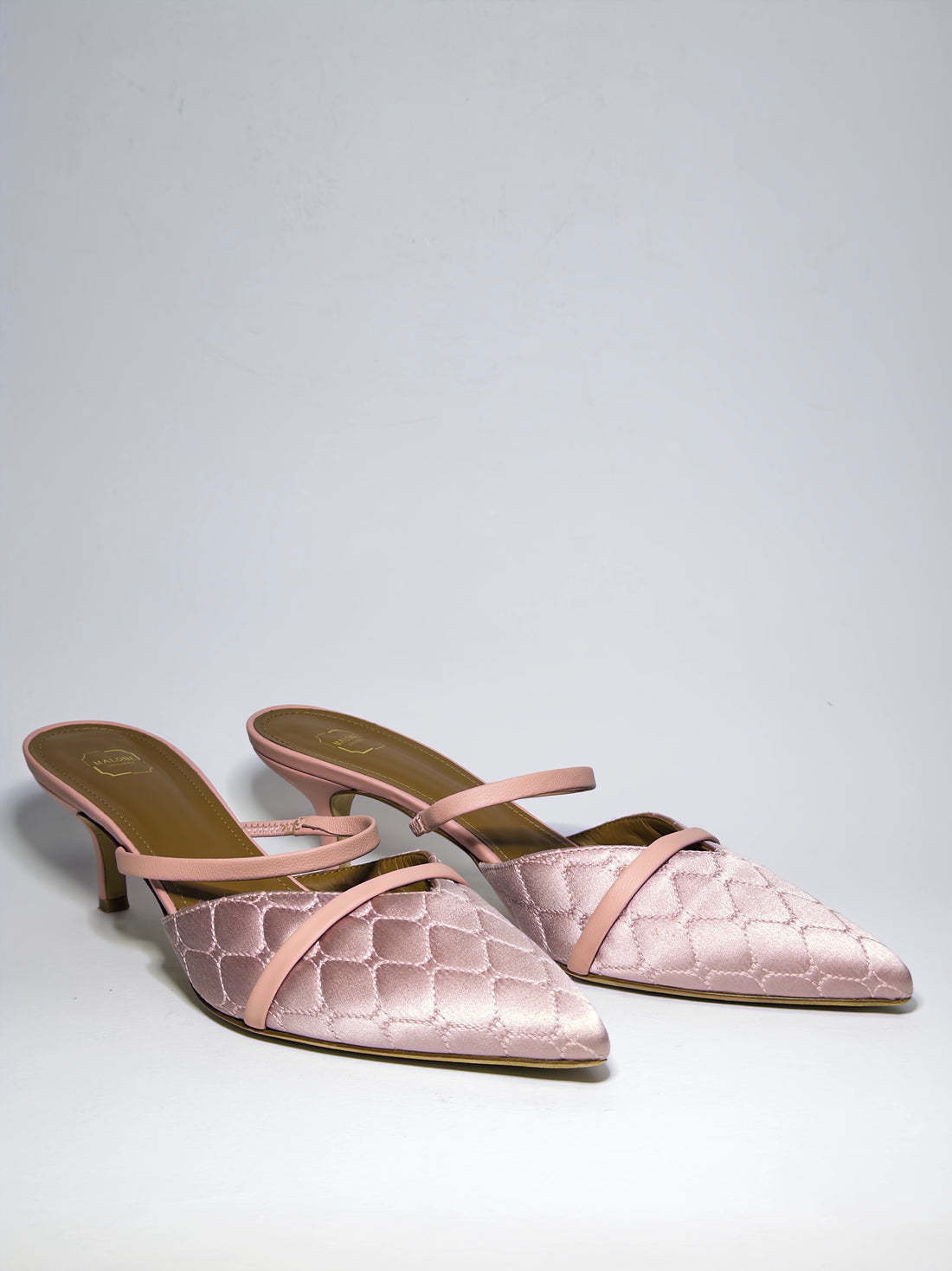 Malone Souliers Pink Quilted Satin and Leather Frankie Mules