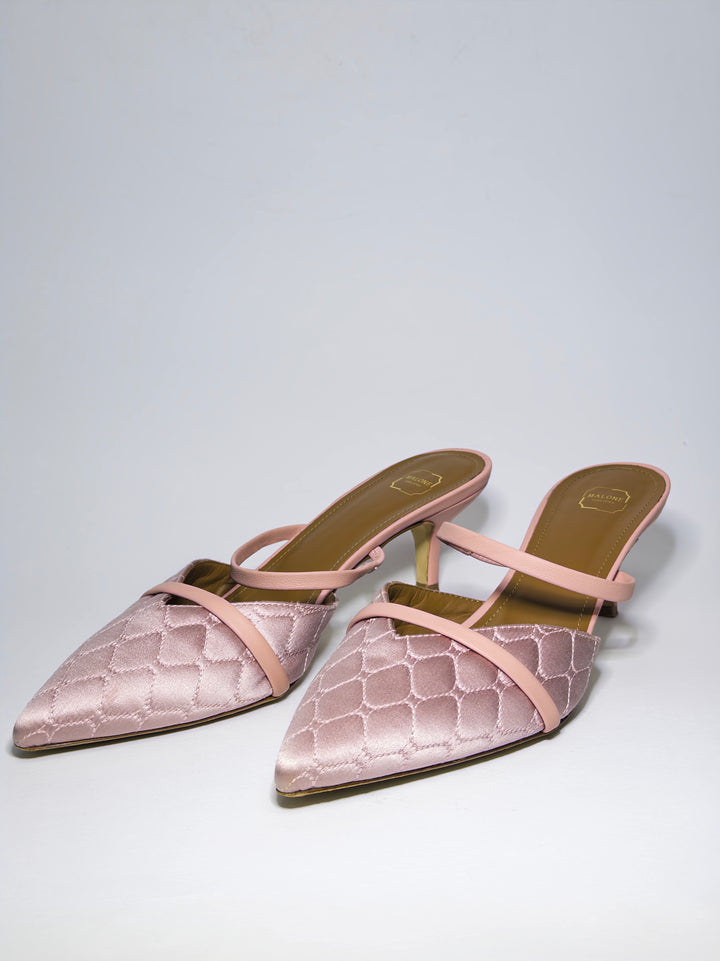Malone Souliers Pink Quilted Satin and Leather Frankie Mules