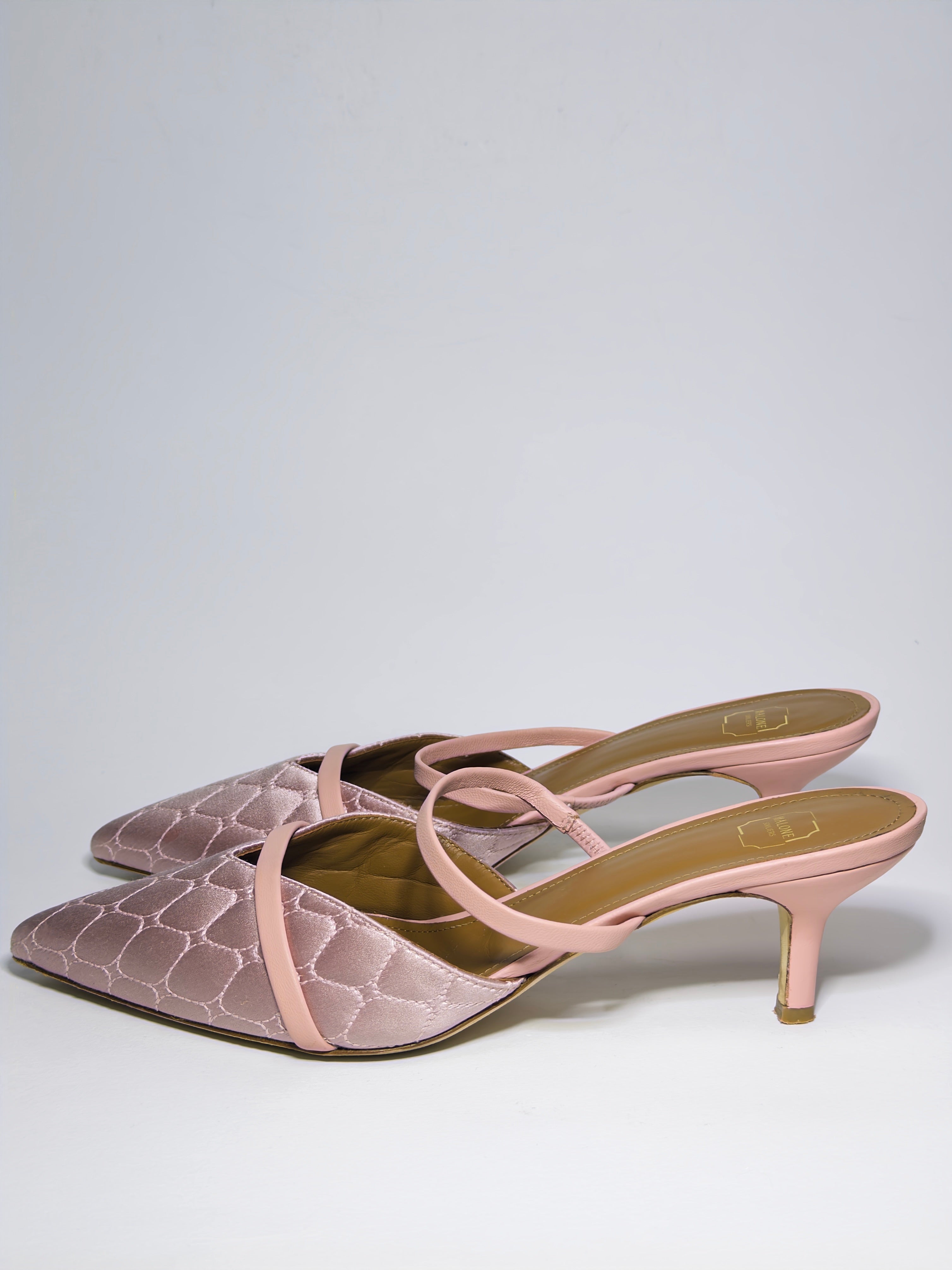 Malone Souliers Pink Quilted Satin and Leather Frankie Mules
