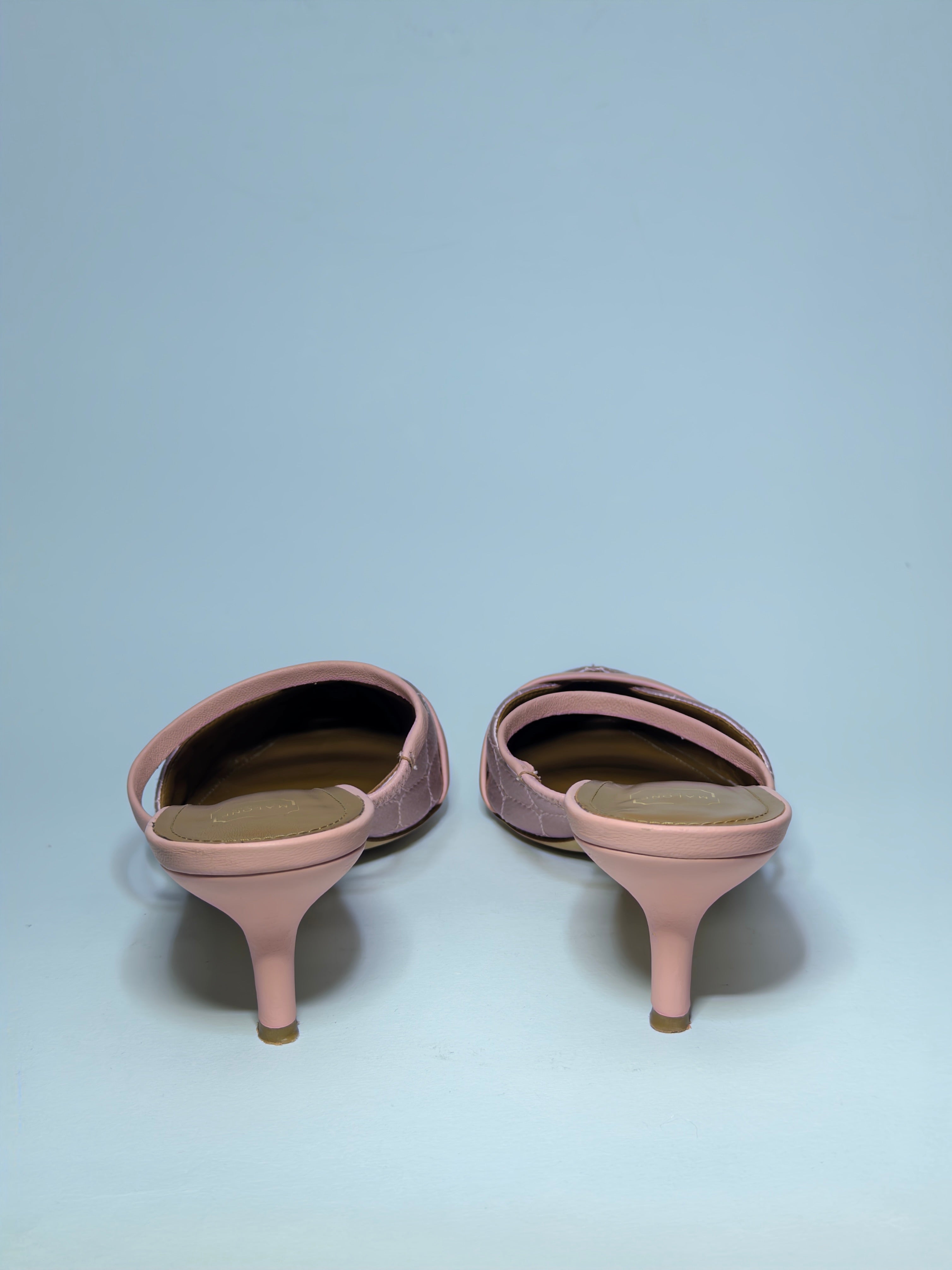 Malone Souliers Pink Quilted Satin and Leather Frankie Mules