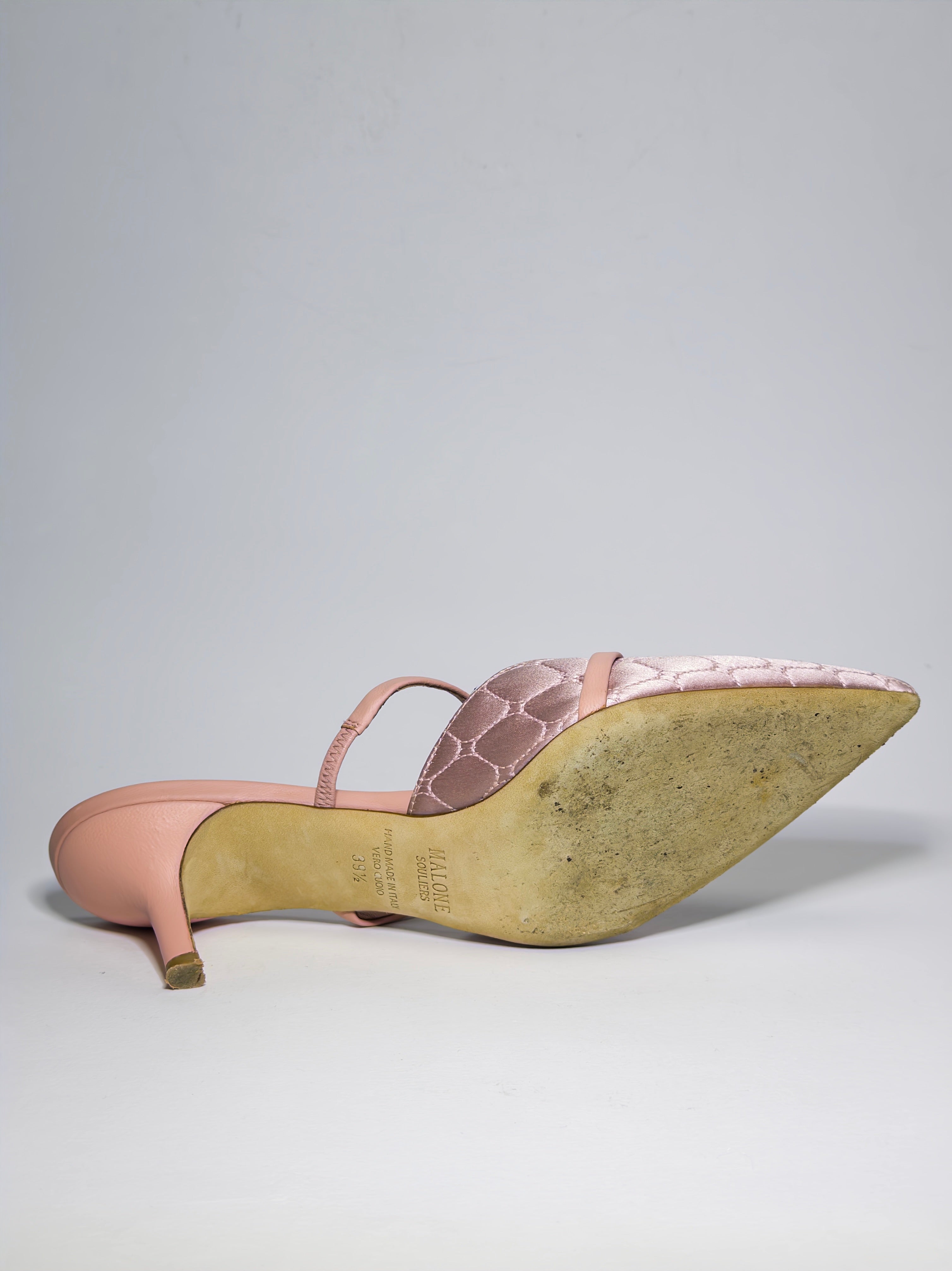 Malone Souliers Pink Quilted Satin and Leather Frankie Mules