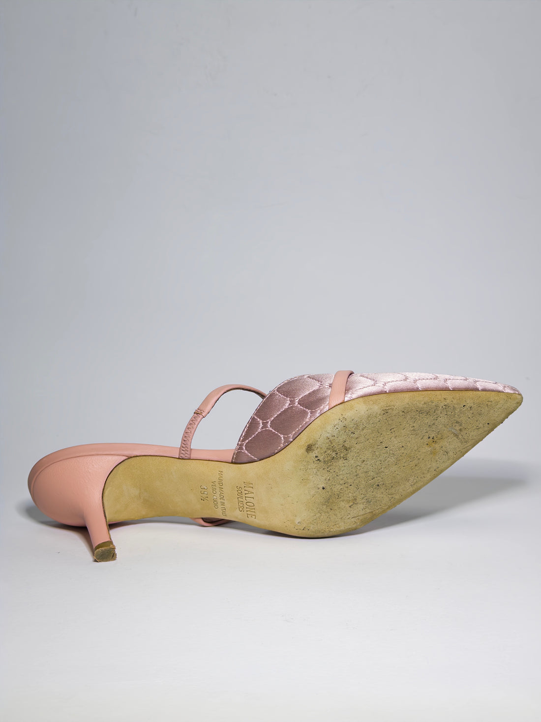 Malone Souliers Pink Quilted Satin and Leather Frankie Mules