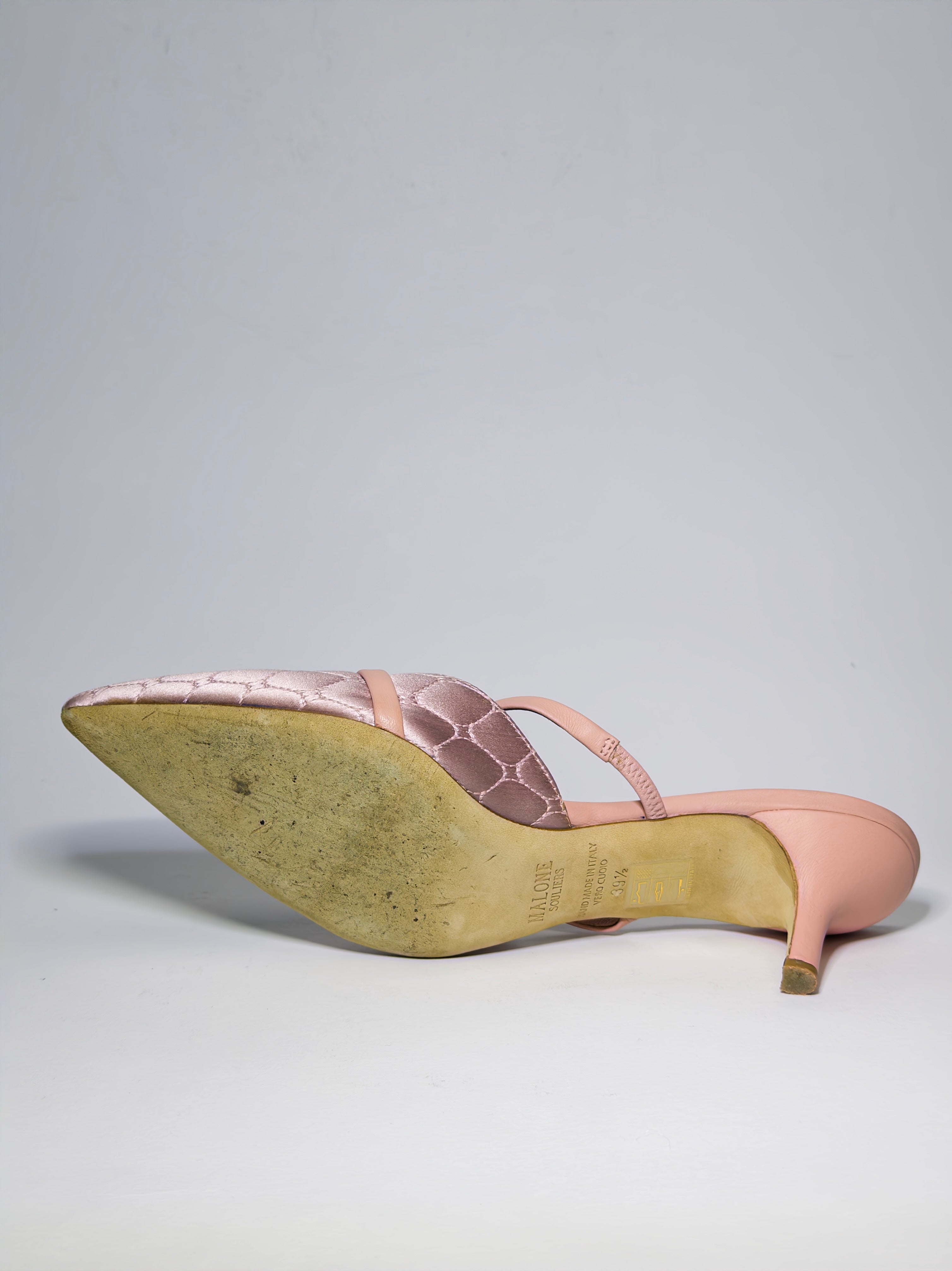 Malone Souliers Pink Quilted Satin and Leather Frankie Mules