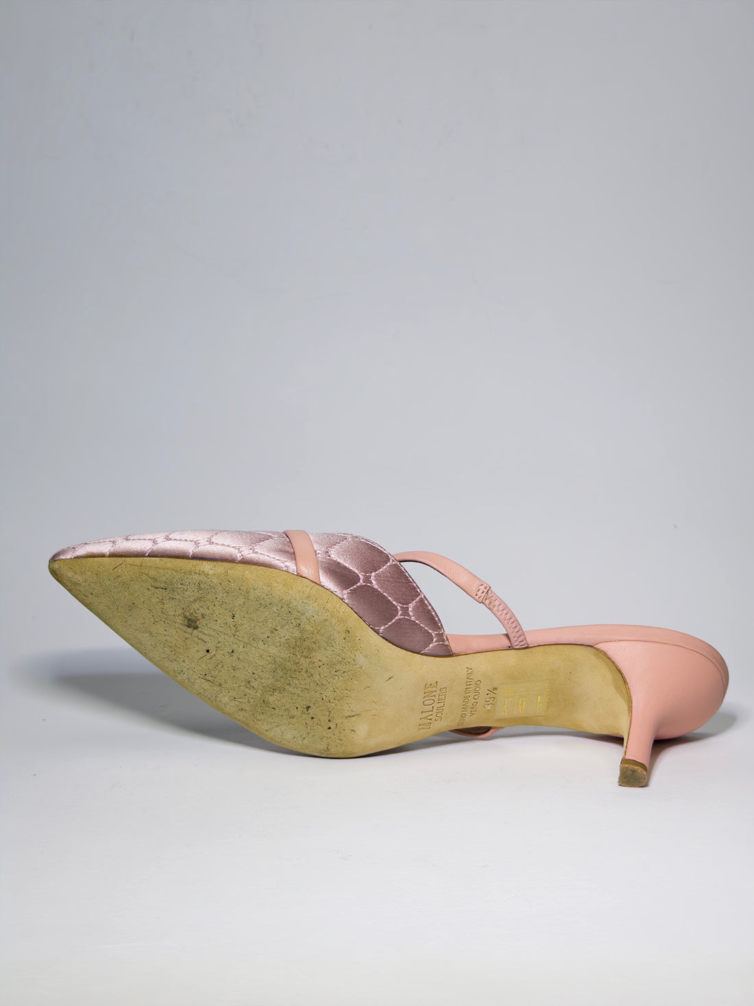 Malone Souliers Pink Quilted Satin and Leather Frankie Mules