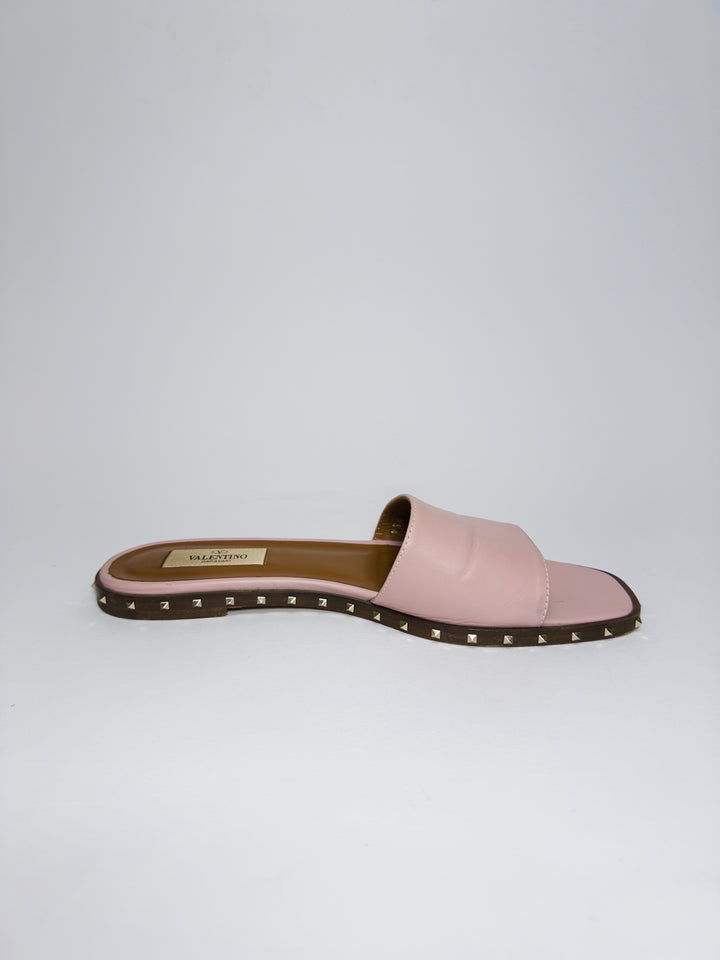 Valentino Pink Leather Soul Rockstud Flat Sandals