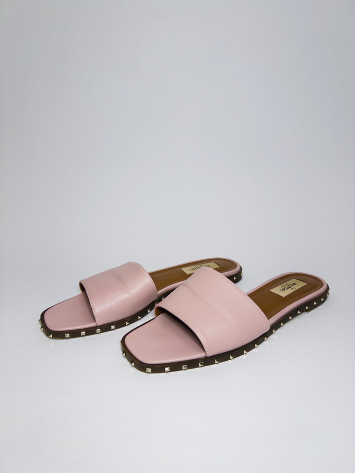 Valentino Pink Leather Soul Rockstud Flat Sandals