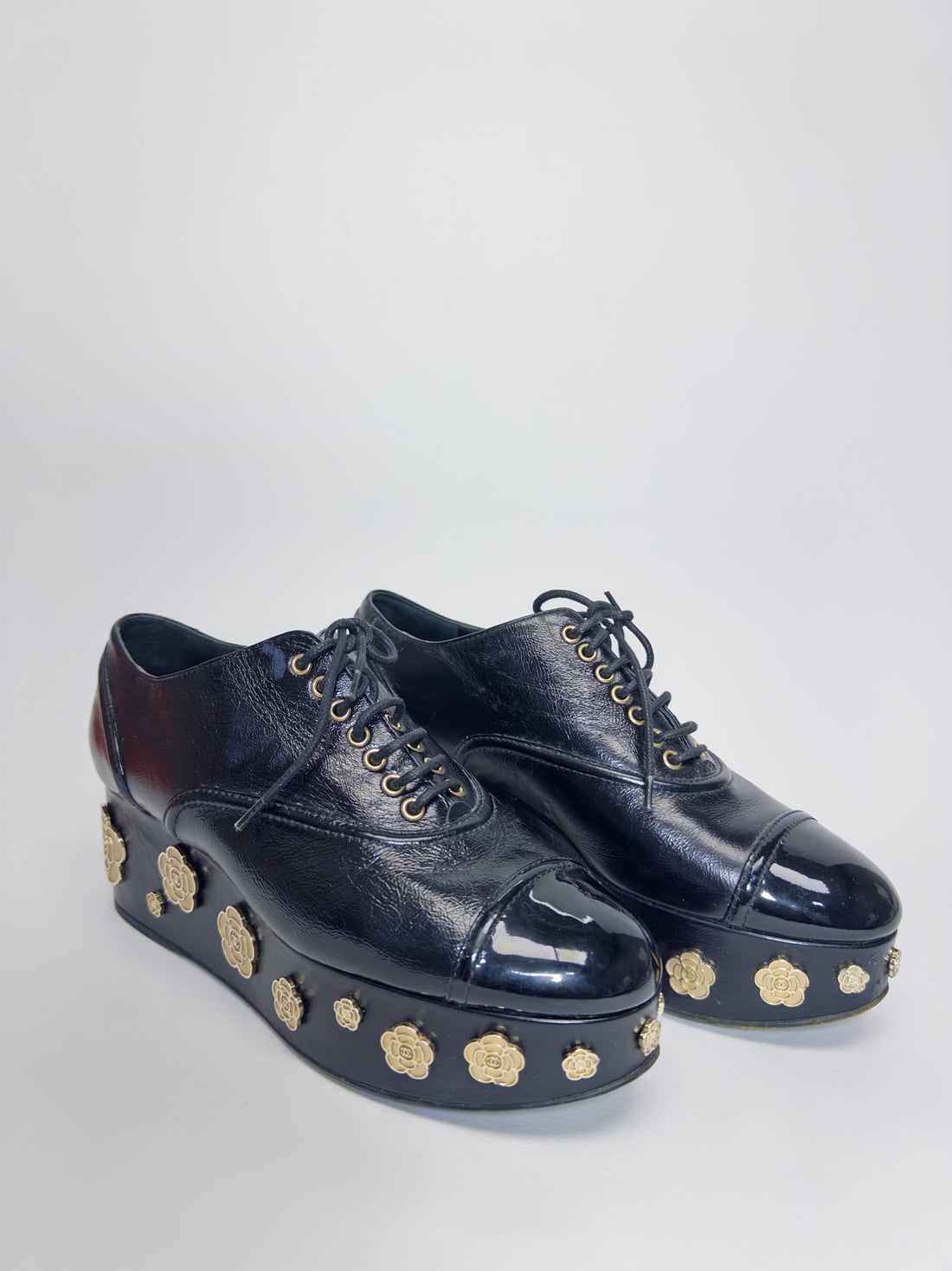 Chanel Black Camellia Platforms