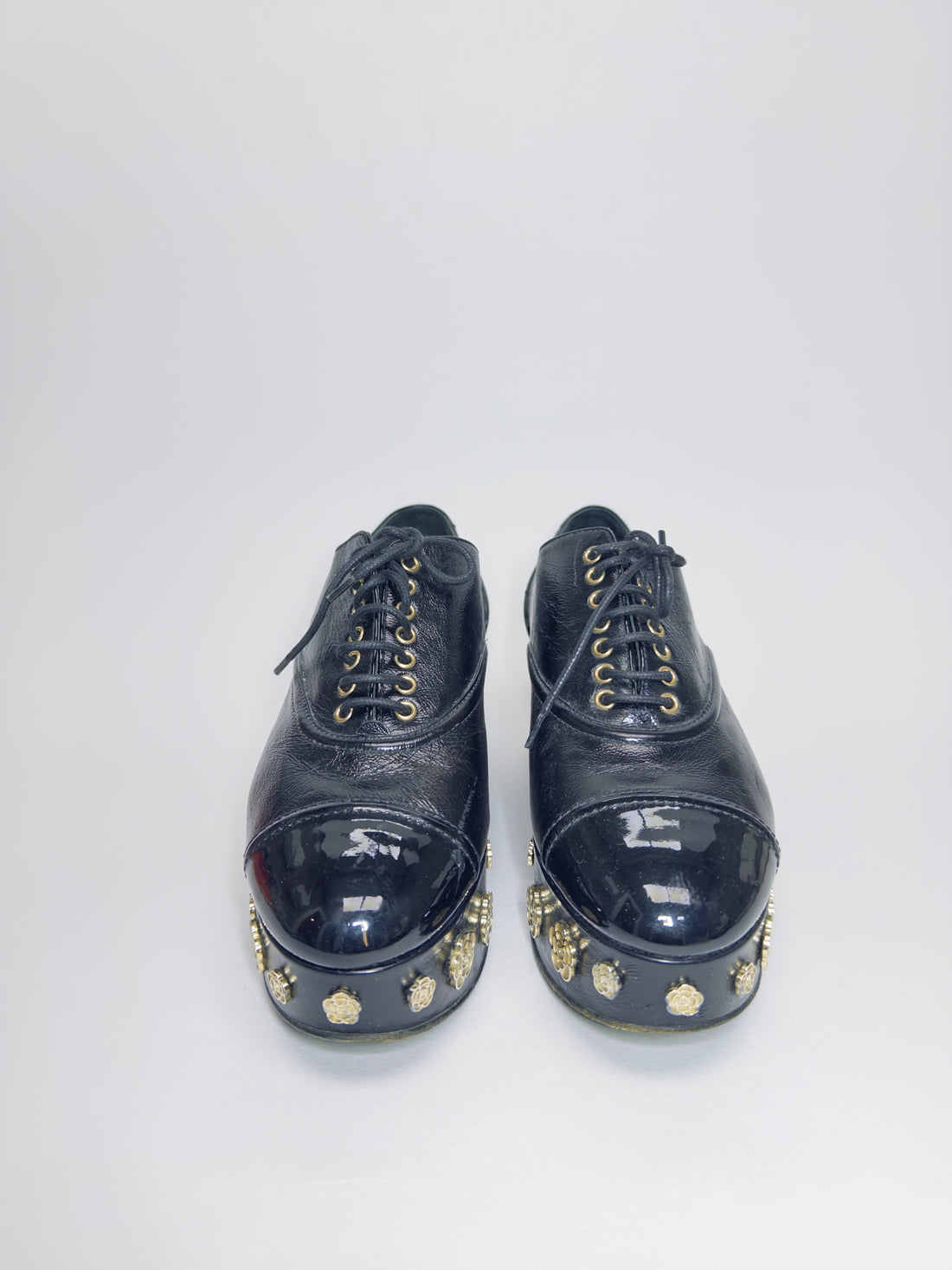 Chanel Black Camellia Platforms