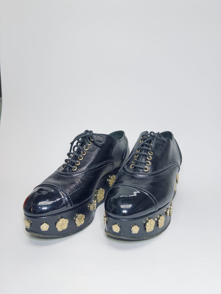 Chanel Black Camellia Platforms