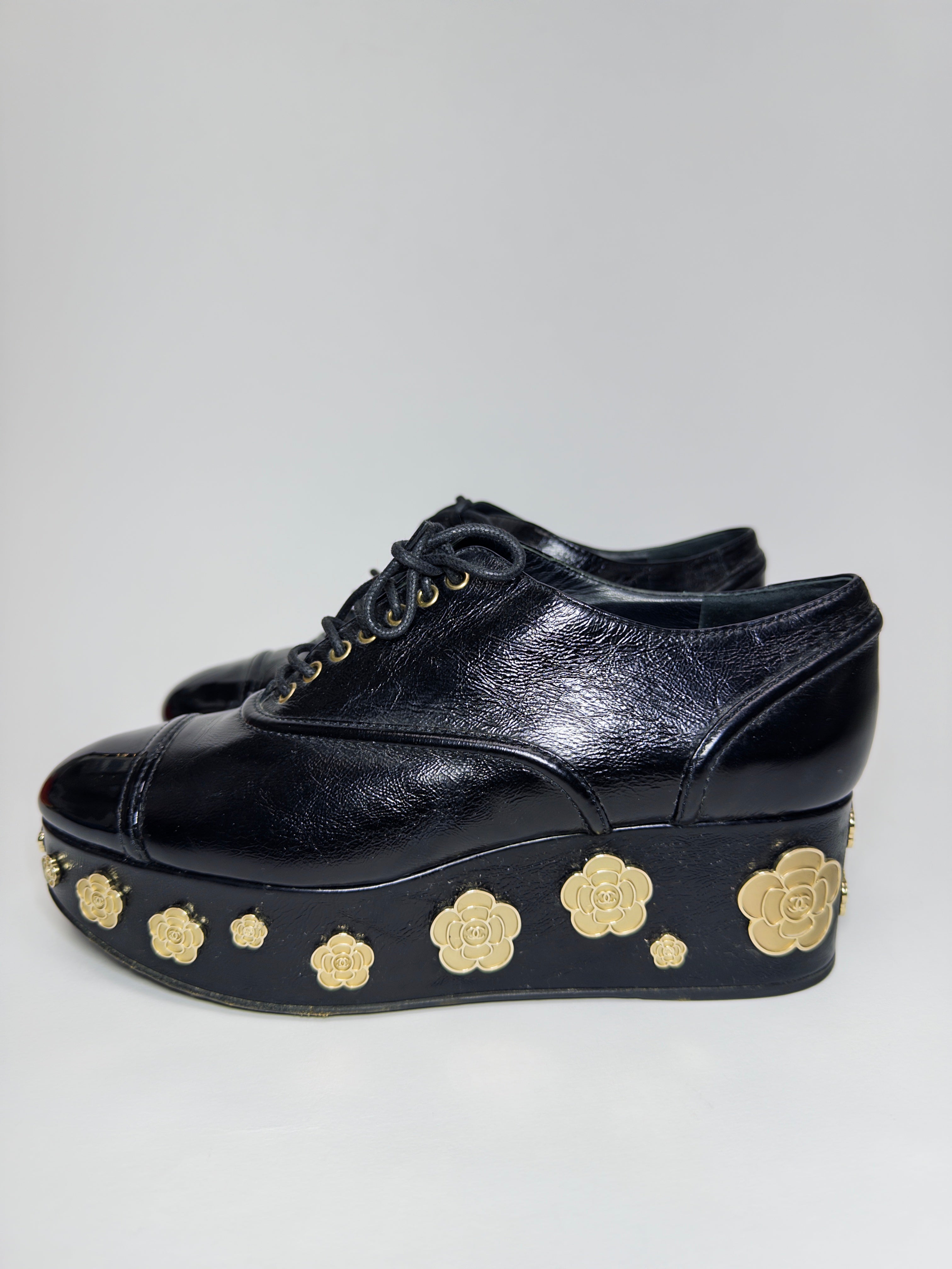 Chanel Black Camellia Platforms