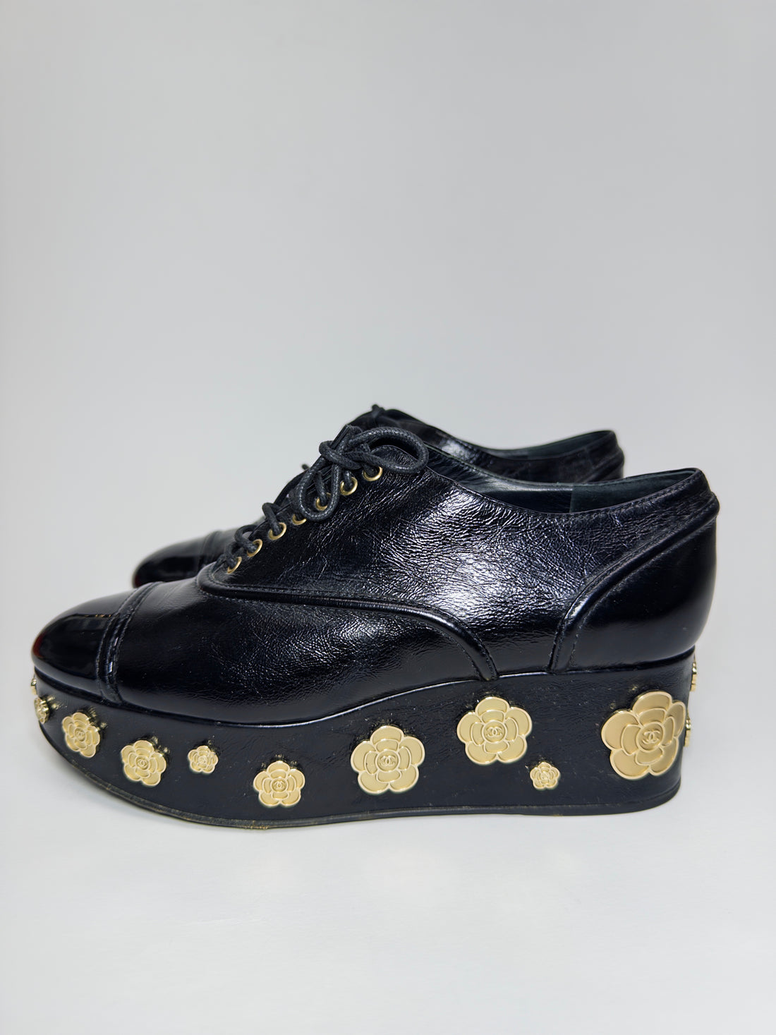 Chanel Black Camellia Platforms