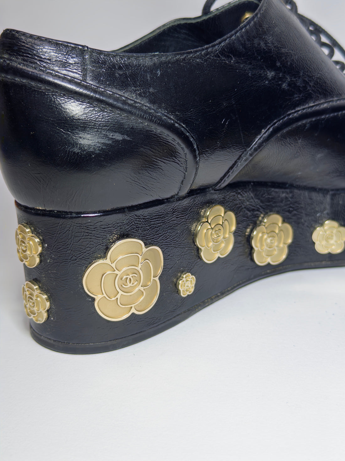 Chanel Black Camellia Platforms