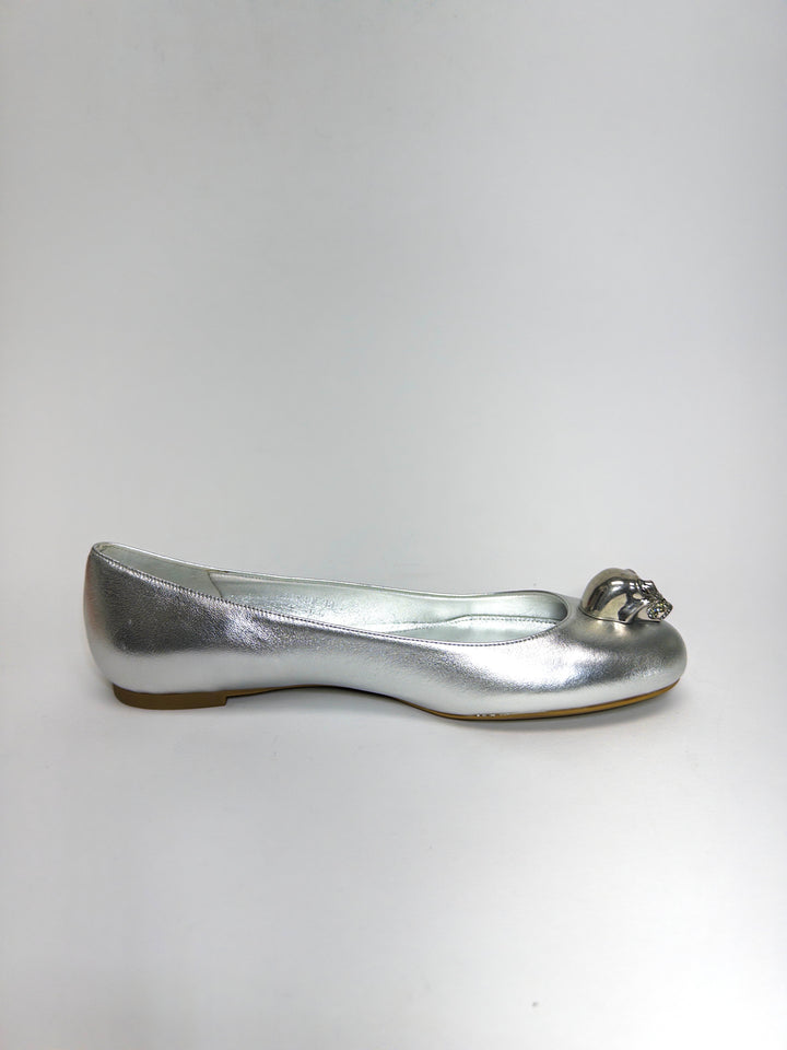 Alexander McQueen Silver Leather Skull City Ballet Flats