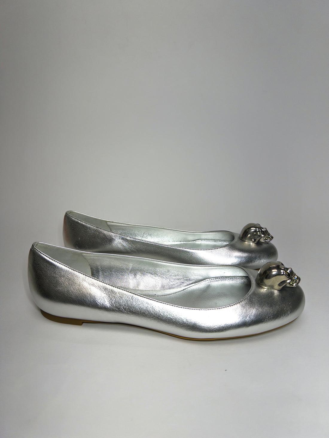 Alexander McQueen Silver Leather Skull City Ballet Flats