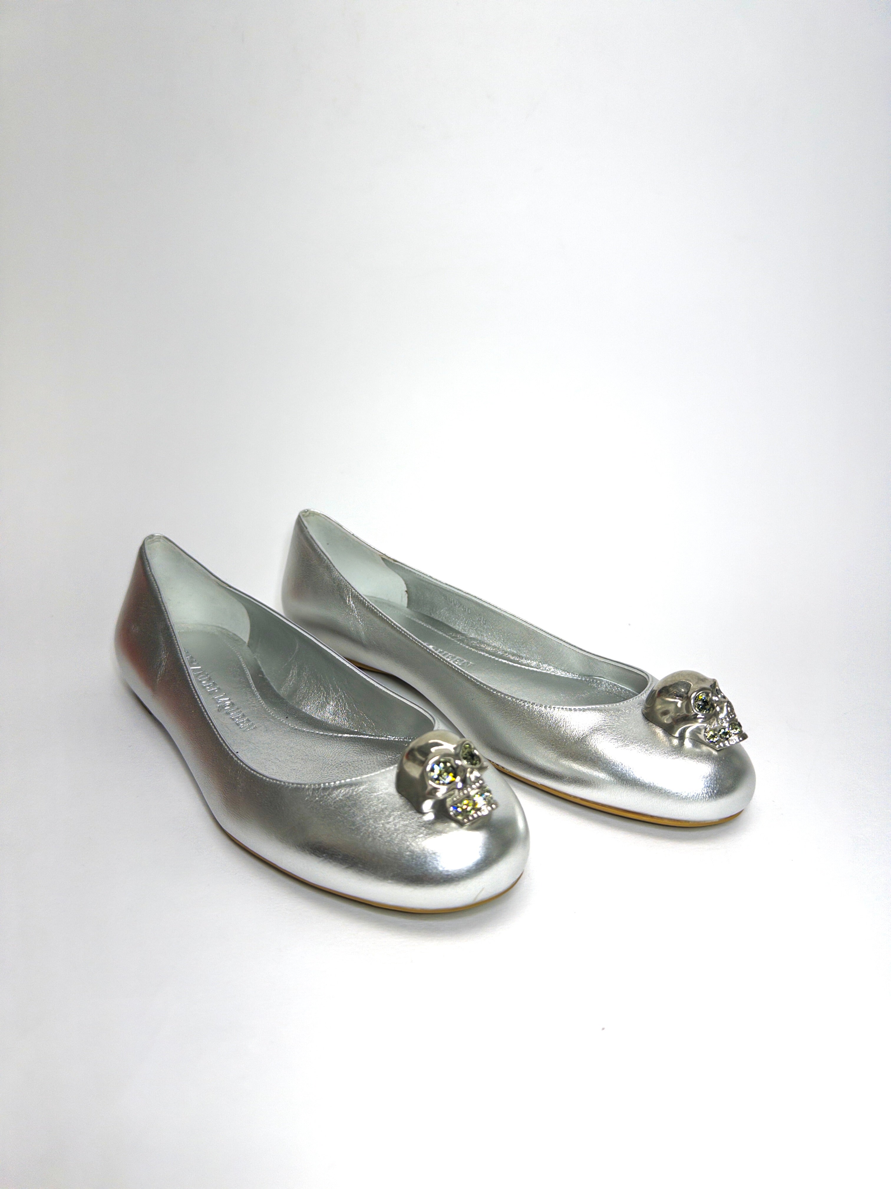 Alexander McQueen Silver Leather Skull City Ballet Flats