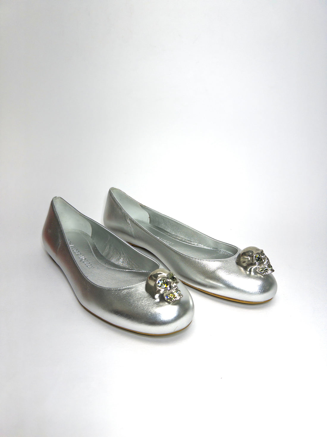 Alexander McQueen Silver Leather Skull City Ballet Flats
