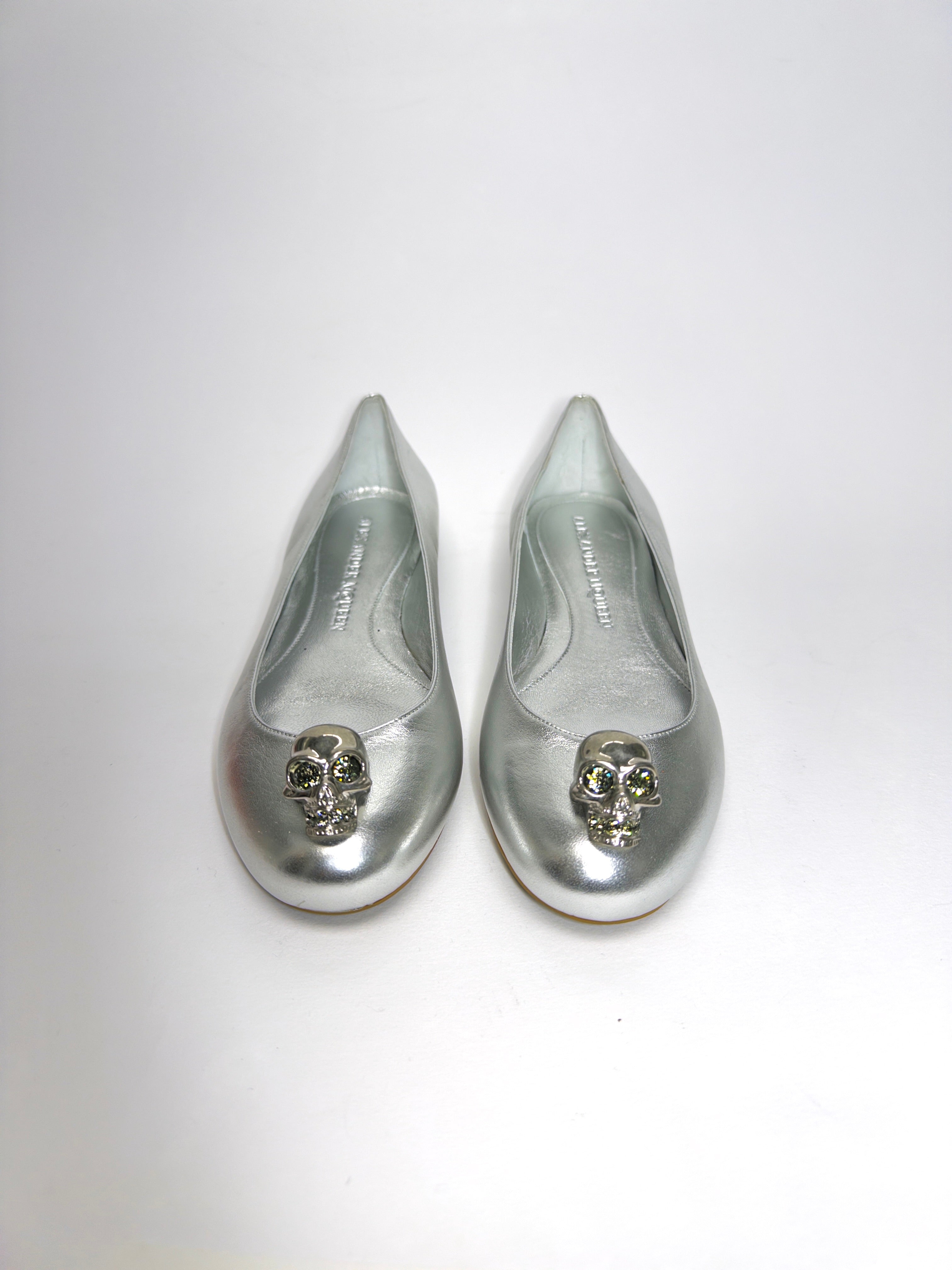 Alexander McQueen Silver Leather Skull City Ballet Flats