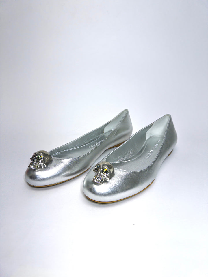 Alexander McQueen Silver Leather Skull City Ballet Flats
