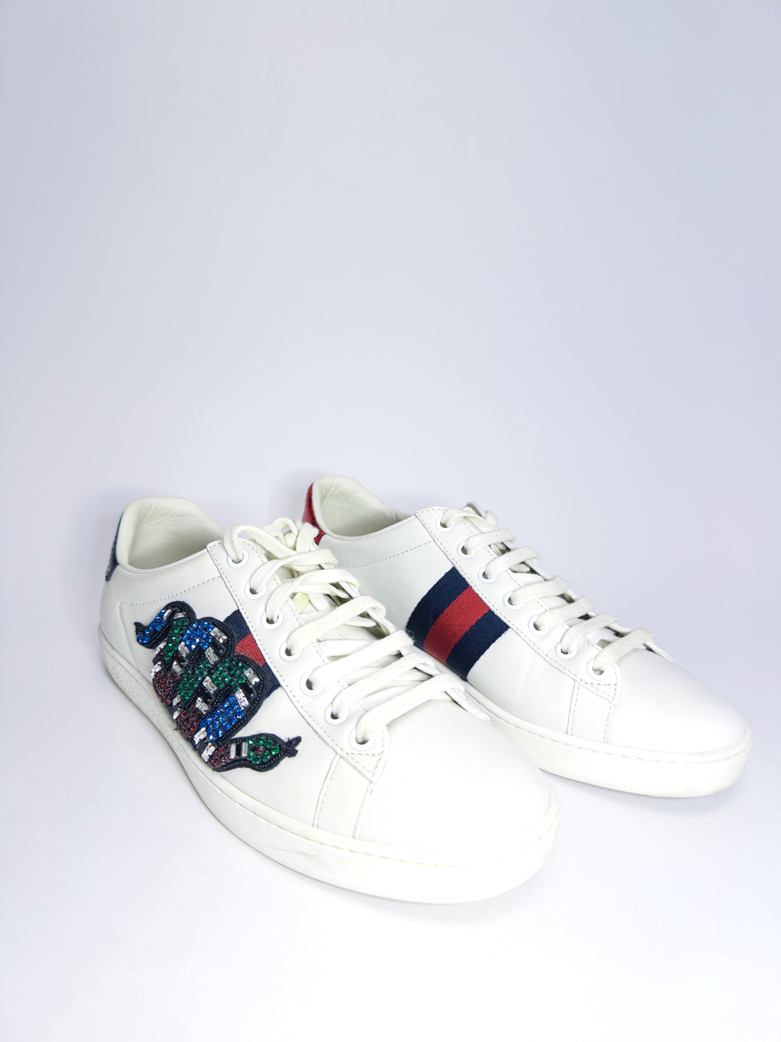 Gucci Leather Crystal Embellished Snake Sneakers