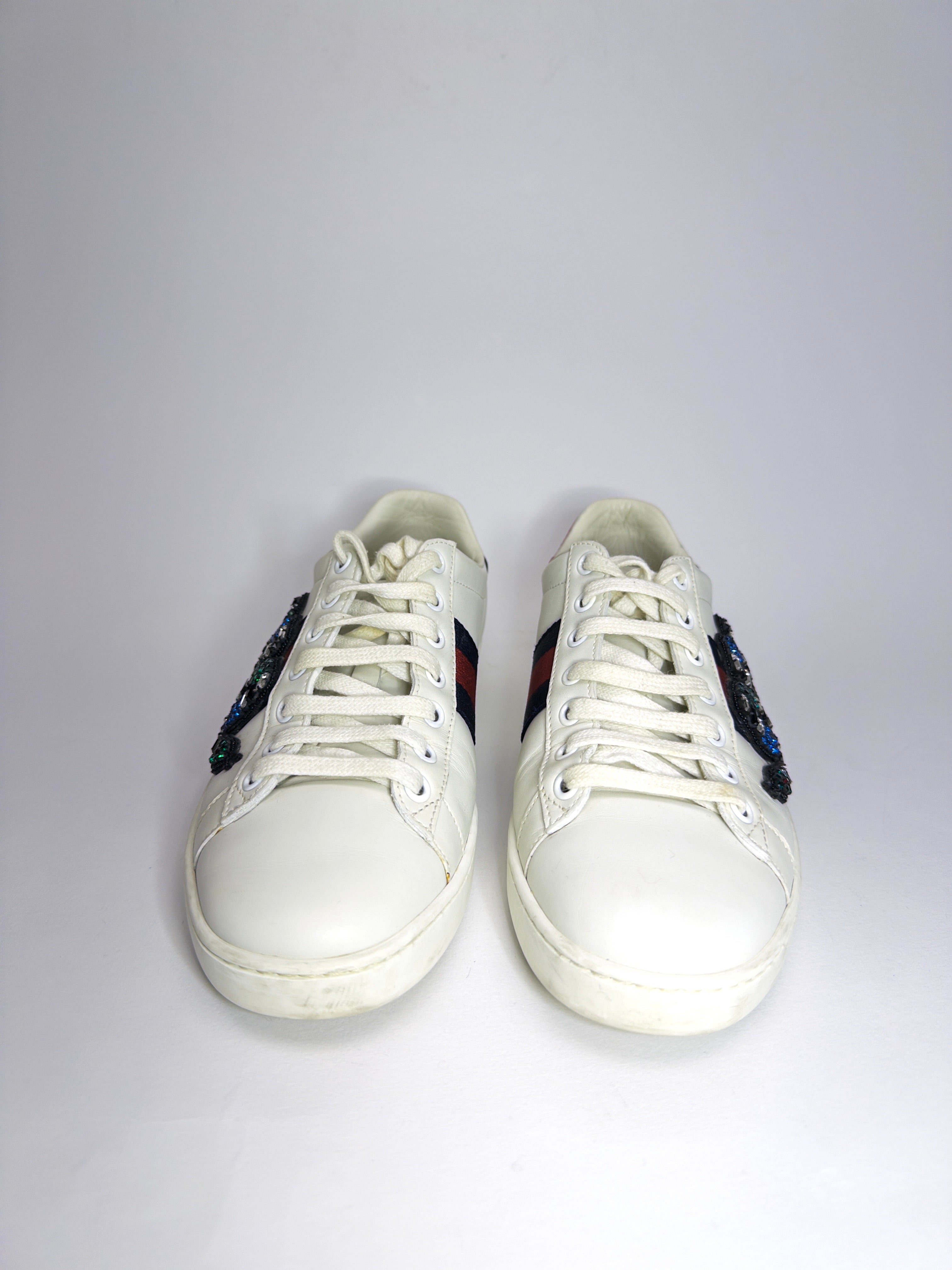 Gucci Leather Crystal Embellished Snake Sneakers