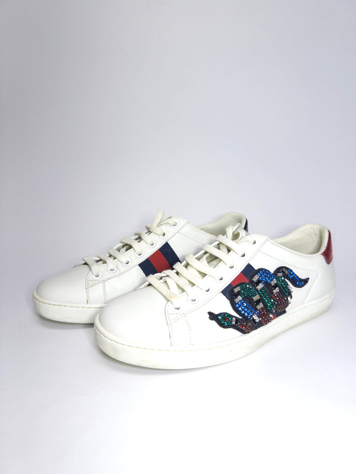Gucci Leather Crystal Embellished Snake Sneakers