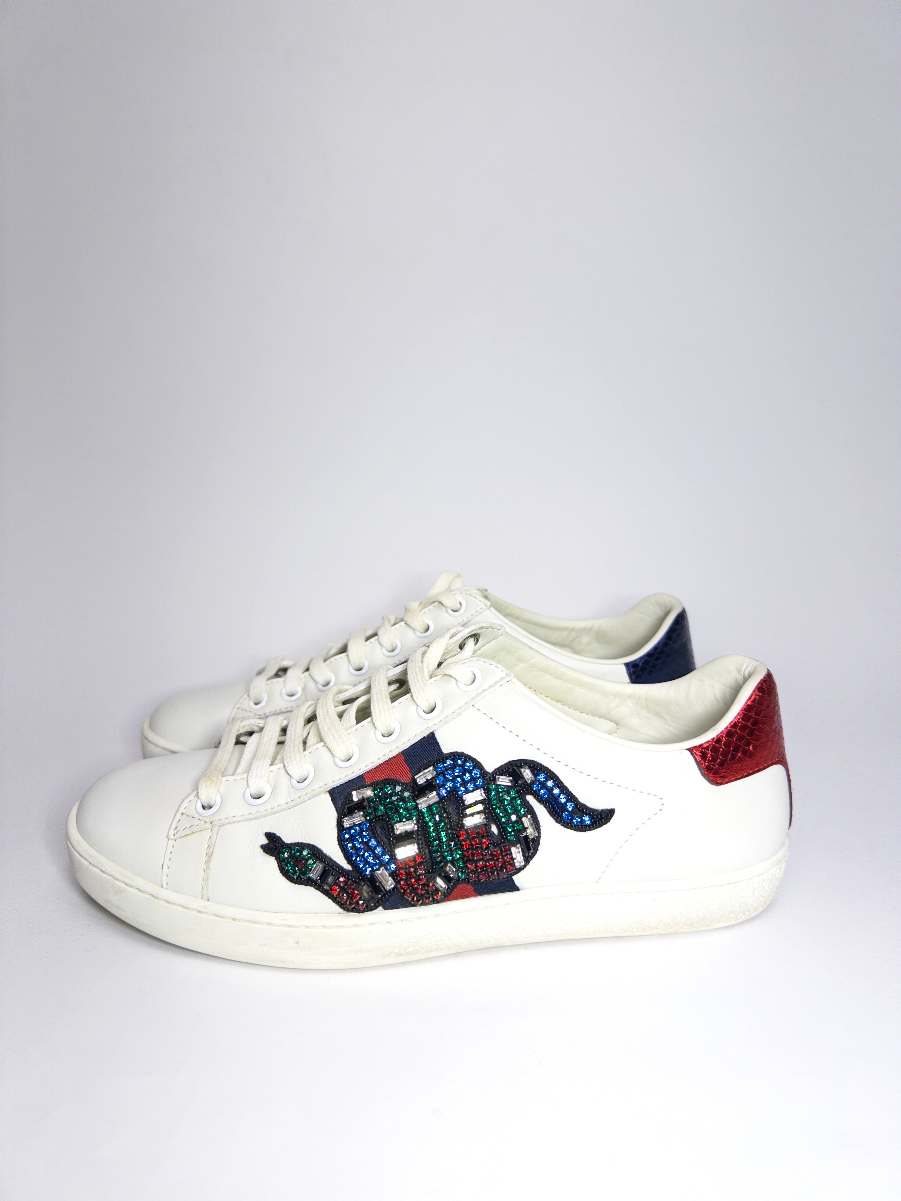 Gucci Leather Crystal Embellished Snake Sneakers