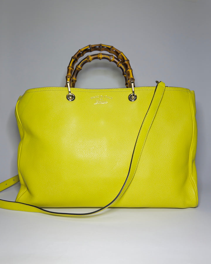 Gucci Yellow Leather Bamboo Top Handle Shopper Tote