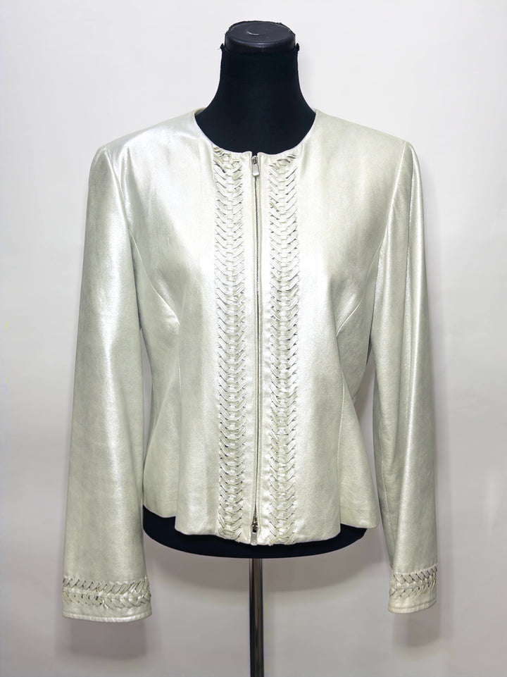 Armani Collezioni Metallic Grey Leather Jacket