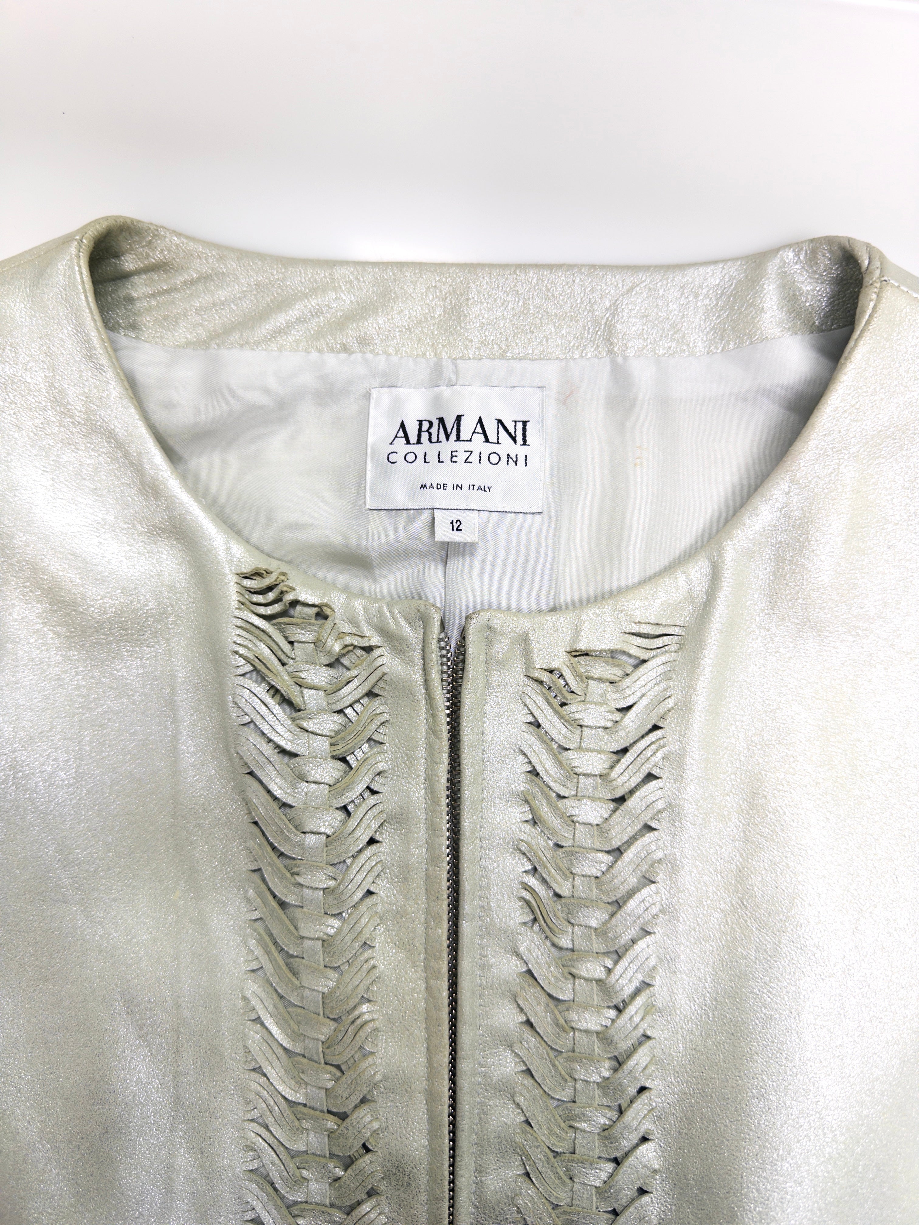 Armani Collezioni Metallic Grey Leather Jacket