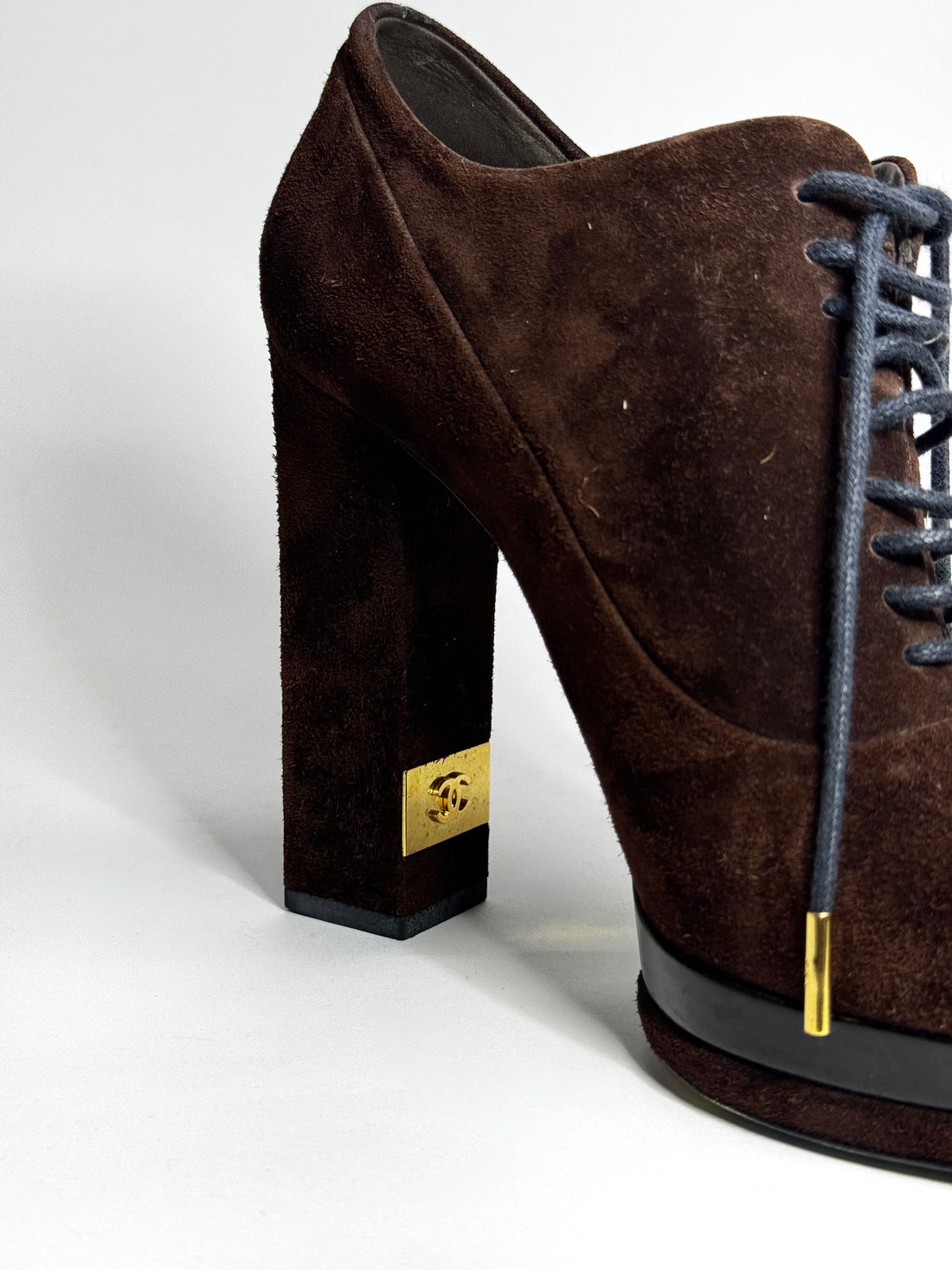 Chanel Brown Suede and Leather Cap Toe Platform Ankle Boots